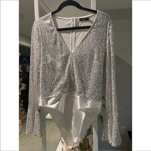 Boohoo silver sequin bodysuit